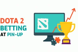 Dota 2 Betting at Pin-Up with monitor, trophy and chips