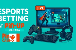 Esports Betting at Pin-Up Canada - gaming setup with live match, controllers, keyboard and headset