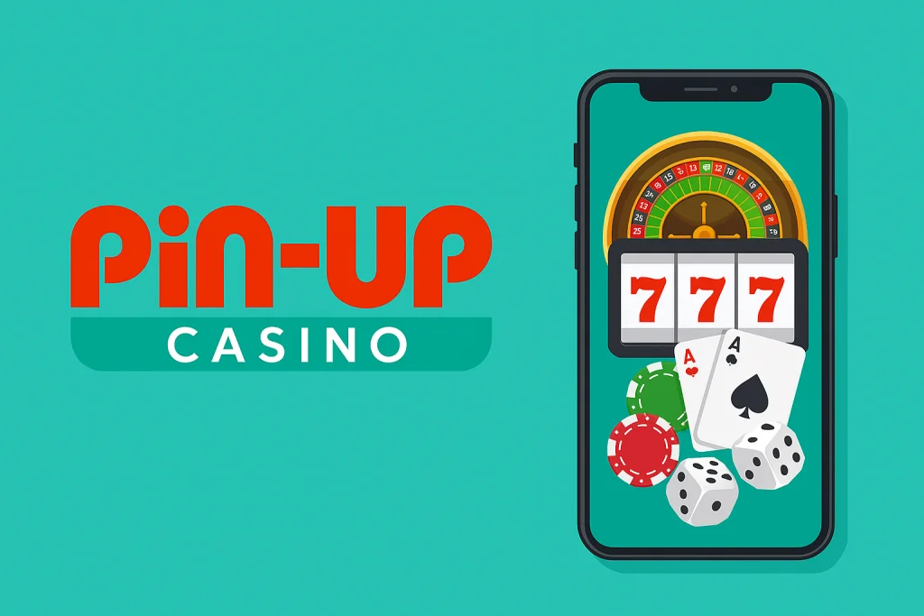 Pin Up Casino Mobile - smartphone with slots, roulette, cards and chips in brand colors