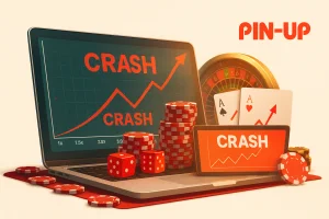 Pin Up Casino - crash game on laptop screen with chips, dice and logo
